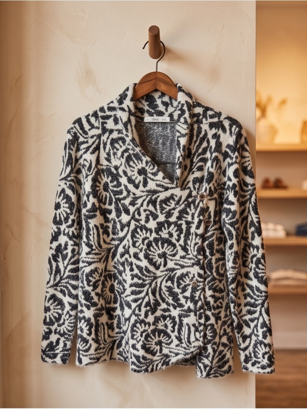 Floral Shawl-Collar Cowl Sweater in Black & Cream